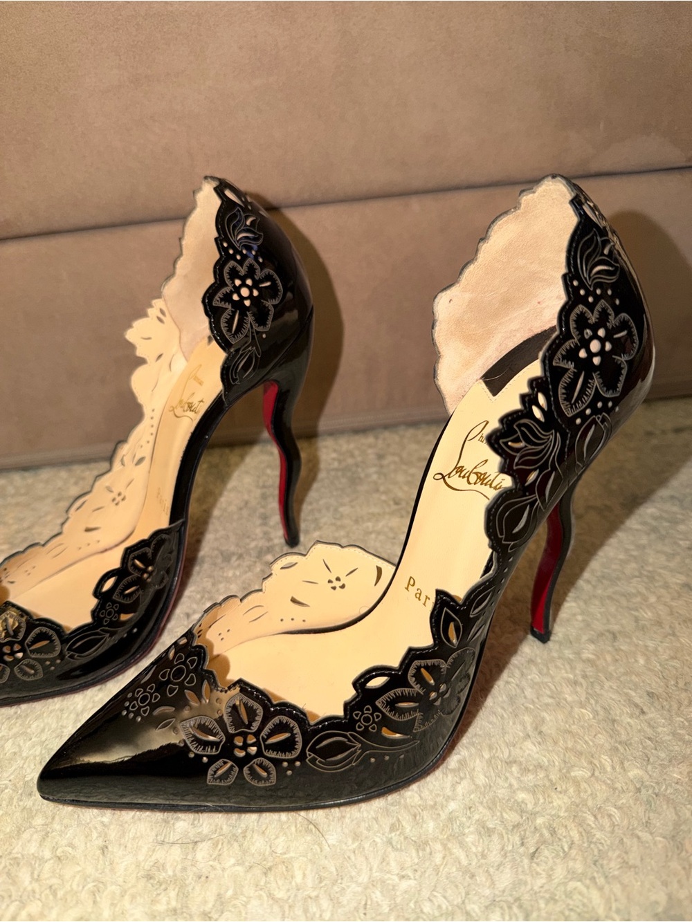 Christian Louboutin Beloved 120 Black Patent Floral Scalloped Pumps
